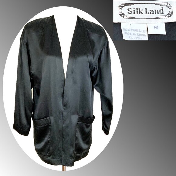 Black Satin Silk Open-Front Jacket Kimono-Style Robe Sz M - Picture 1 of 16